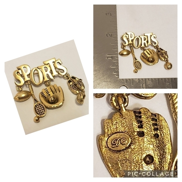 Vintage Danecraft Sports Brooch Pin Baseball Tennis Football Soccer Signed "D" - Picture 1 of 6